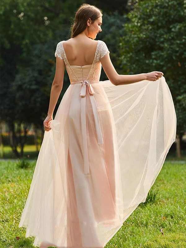 A-Line/Princess Tulle Lace Scoop Short Sleeves Floor-Length Bridesmaid Dresses 2760