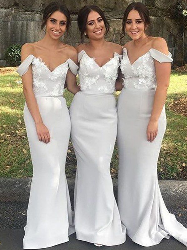 Sheath/Column Stretch Crepe Applique Off-the-Shoulder Sleeveless Sweep/Brush Train Bridesmaid Dresses 3146