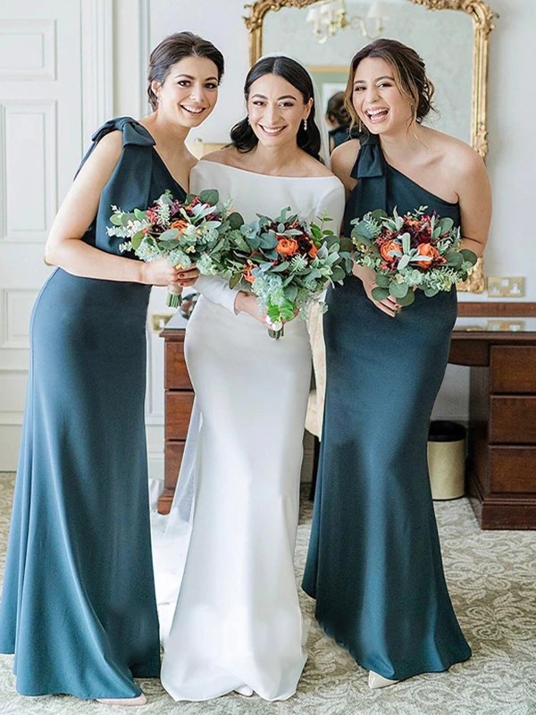 Sheath/Column Elastic Woven Satin Bowknot One-Shoulder Sleeveless Floor-Length Bridesmaid Dresses 2916