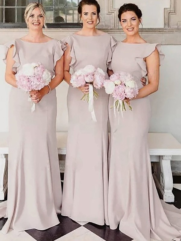 Sheath/Column Stretch Crepe Ruched Bateau Sleeveless Court Train Bridesmaid Dresses 3155