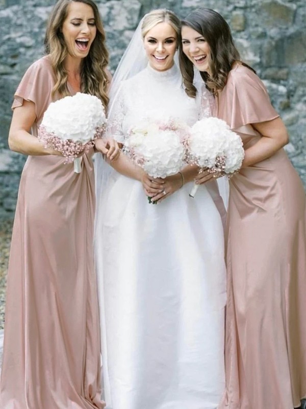 Sheath/Column Silk like Satin Ruched V-neck Short Sleeves Floor-Length Bridesmaid Dresses 3082