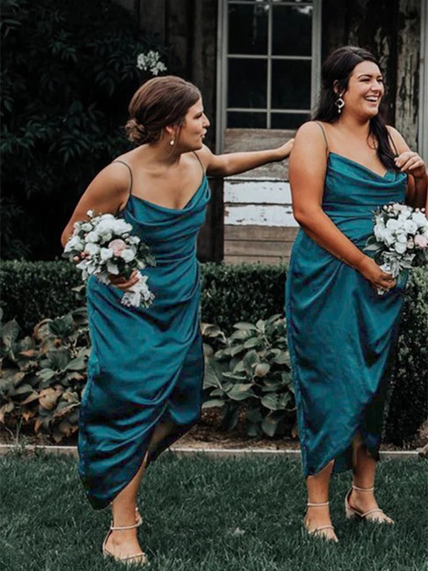 Sheath/Column Silk like Satin Ruched Spaghetti Straps Sleeveless Ankle-Length Bridesmaid Dresses 3068