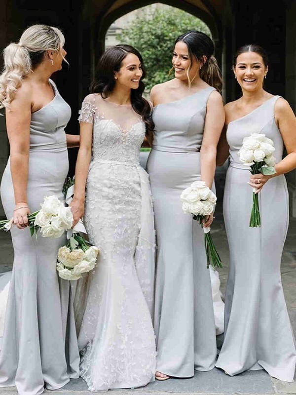 Trumpet/Mermaid Stretch Crepe Ruched One-Shoulder Sleeveless Floor-Length Bridesmaid Dresses 3287