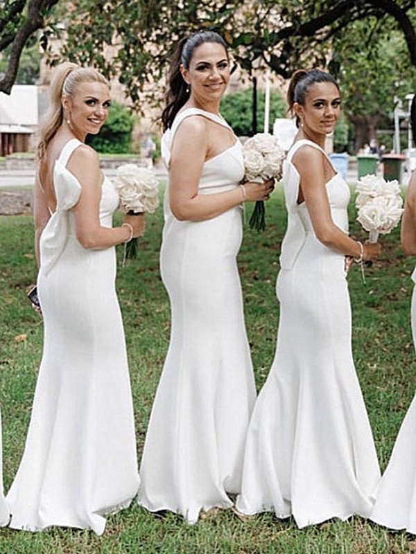 Trumpet/Mermaid Stretch Crepe Ruched Halter Sleeveless Floor-Length Bridesmaid Dresses 3286