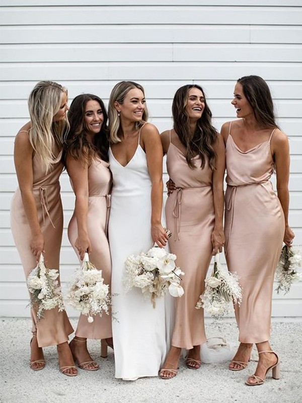 Sheath/Column Silk like Satin Ruched Spaghetti Straps Sleeveless Ankle-Length Bridesmaid Dresses 3069