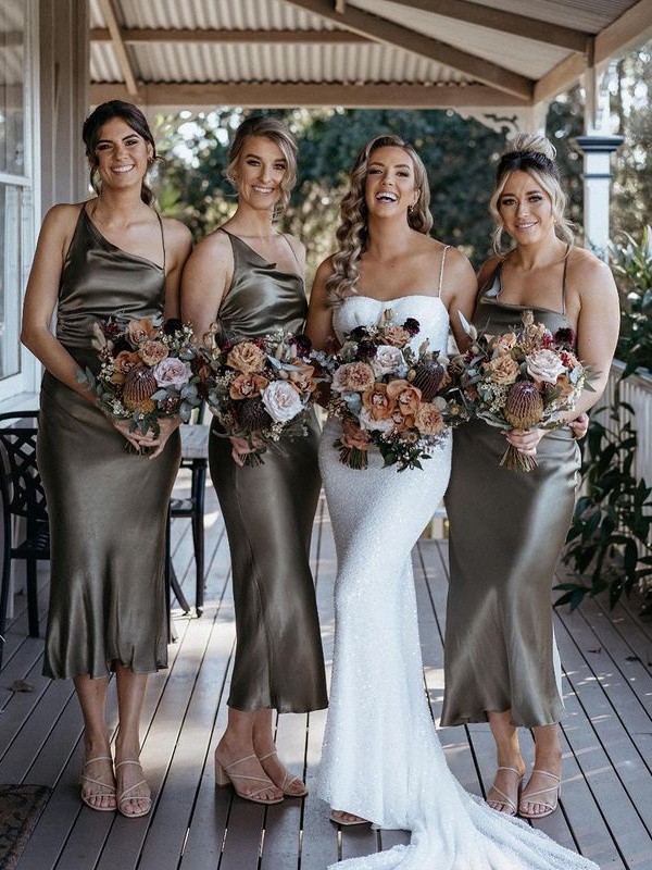 Sheath/Column Silk like Satin Ruched Spaghetti Straps Sleeveless Tea-Length Bridesmaid Dresses 3076