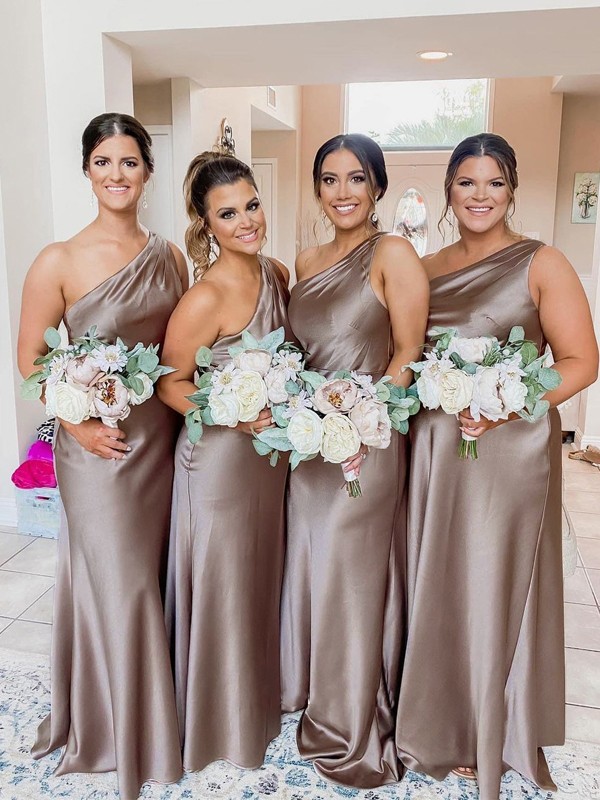 Sheath/Column Silk like Satin Ruched One-Shoulder Sleeveless Floor-Length Bridesmaid Dresses 3063