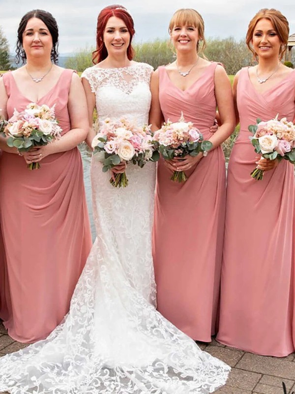 Sheath/Column Chiffon Ruched V-neck Sleeveless Floor-Length Bridesmaid Dresses 2912