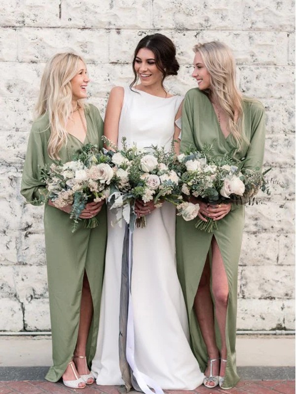 Sheath/Column NS Elastic Woven Satin Ruched V-neck Long Sleeves Floor-Length Bridesmaid Dresses 2977