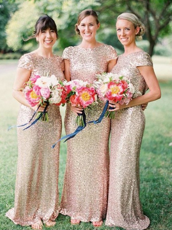 Sheath/Column Bateau Floor-Length Short Sleeves Sequins Bridesmaid Dresses 2870