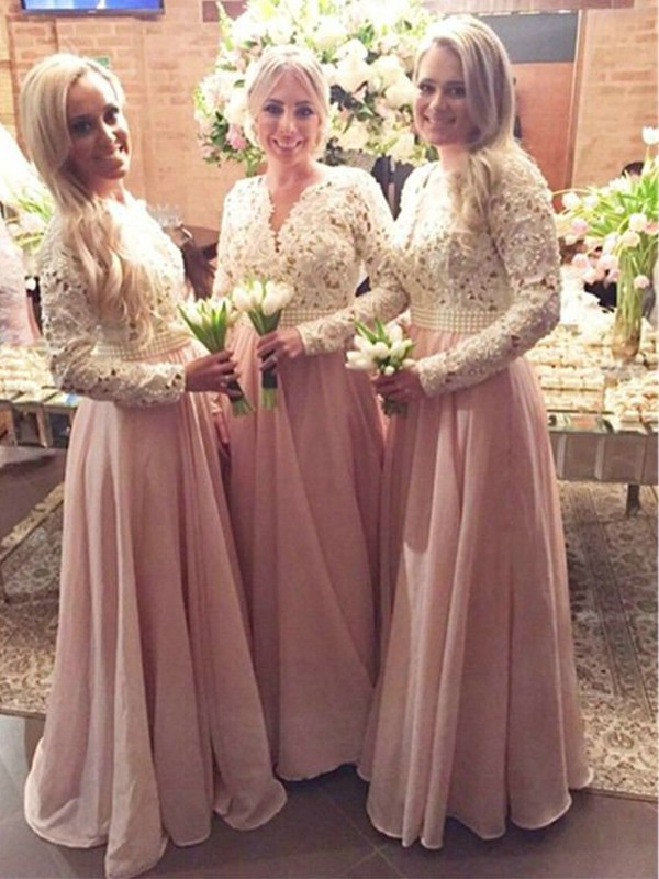 A-Line/Princess Long Sleeves V-neck Floor-Length Lace Chiffon Bridesmaid Dresses 2351