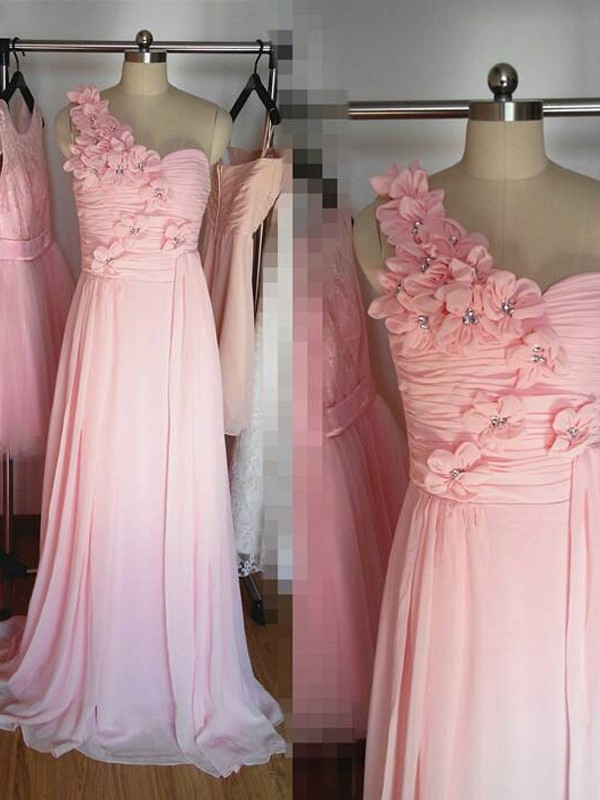 A-Line/Princess One-Shoulder Sleeveless Floor-Length Hand-Made Flower Chiffon Bridesmaid Dresses 2399