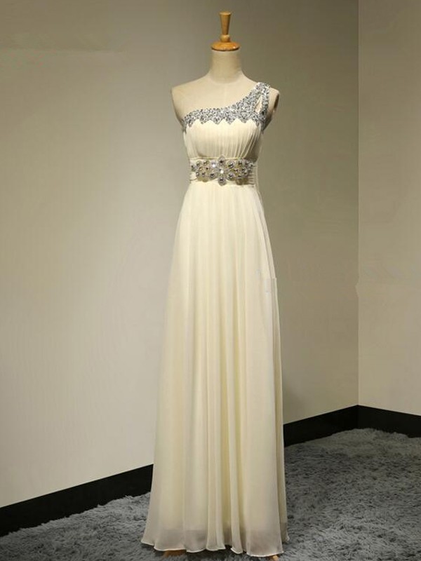 A-Line/Princess One-Shoulder Sleeveless Floor-Length Beading Chiffon Bridesmaid Dresses 2396