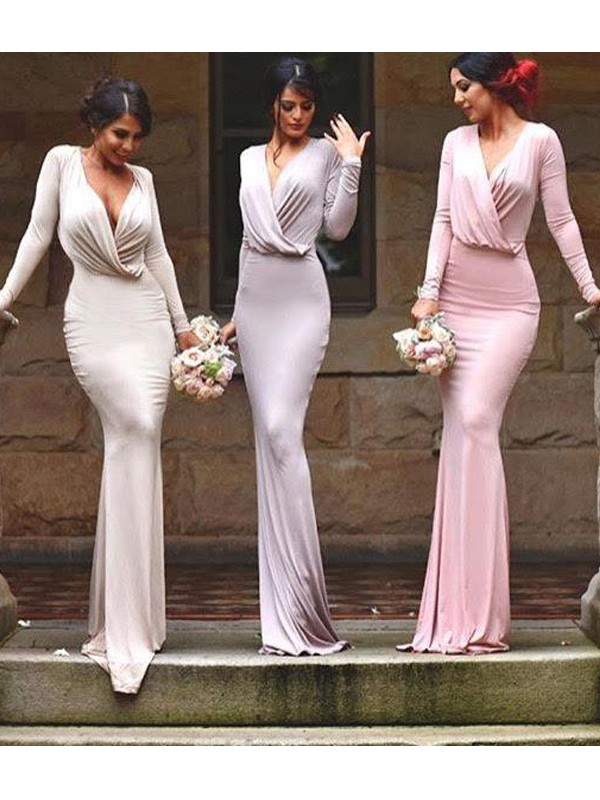 Sheath/Column V-neck Floor-Length Sleeveless Jersey Bridesmaid Dresses 3225