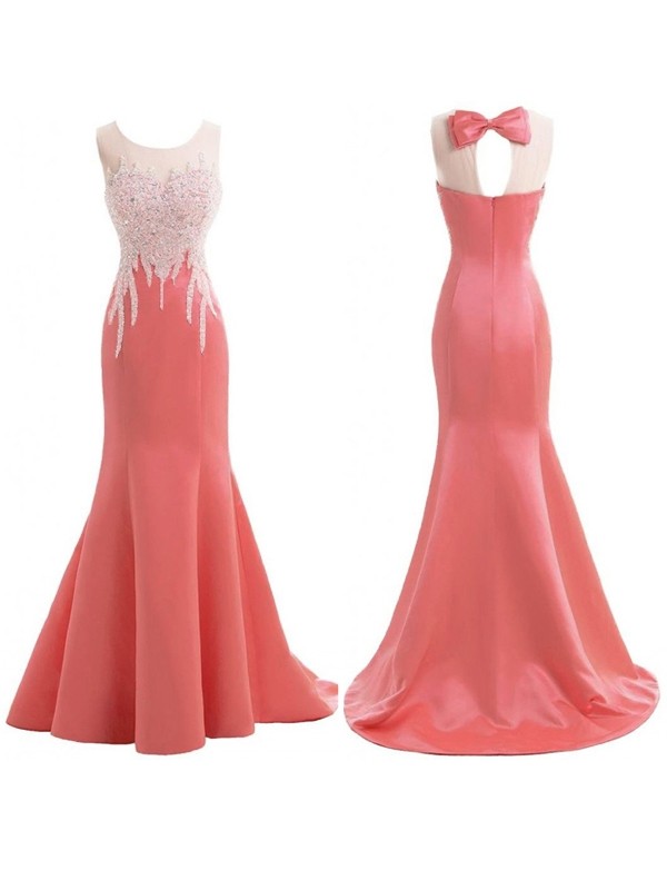 Trumpet/Mermaid Scoop Sleeveless Sweep/Brush Train Satin Beading Bridesmaid Dresses 3271