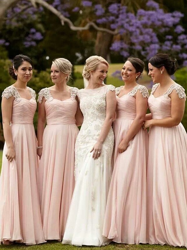 A-Line/Princess Short Sleeves Square Beading Chiffon Floor-Length Bridesmaid Dresses 2470