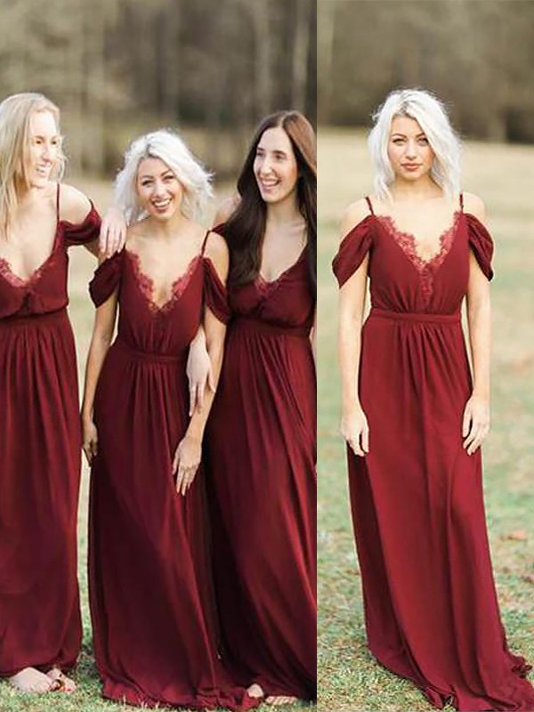 A-Line/Princess Spaghetti Straps Sleeveless Floor-Length Lace Chiffon Bridesmaid Dresses 2544