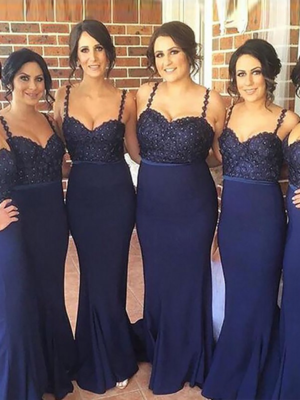 Trumpet/Mermaid Spaghetti Straps Sleeveless Sweep/Brush Train Stretch Crepe Bridesmaid Dresses 3276