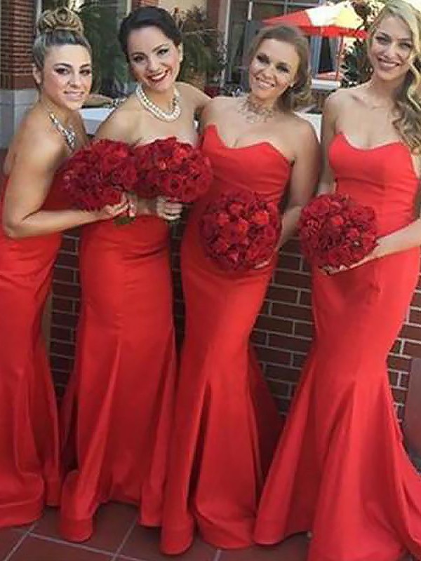 Trumpet/Mermaid Sweetheart Floor-Length Sleeveless Satin Bridesmaid Dresses 3296