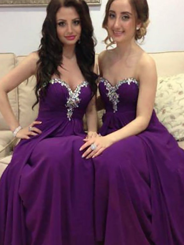 A-Line/Princess Sleeveless Beading Sweetheart Chiffon Floor-Length Bridesmaid Dresses 2499