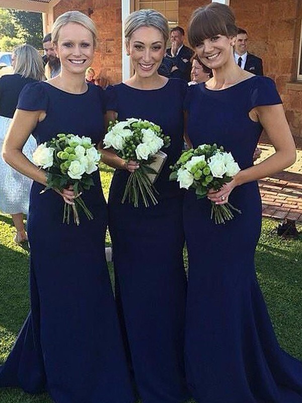 Sheath/Column Scoop Short Sleeves Sweep/Brush Train Stretch Crepe Bridesmaid Dresses 3035