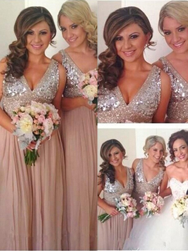 A-Line/Princess V-neck Sleeveless Floor-Length Sequin Chiffon Bridesmaid Dresses 2836