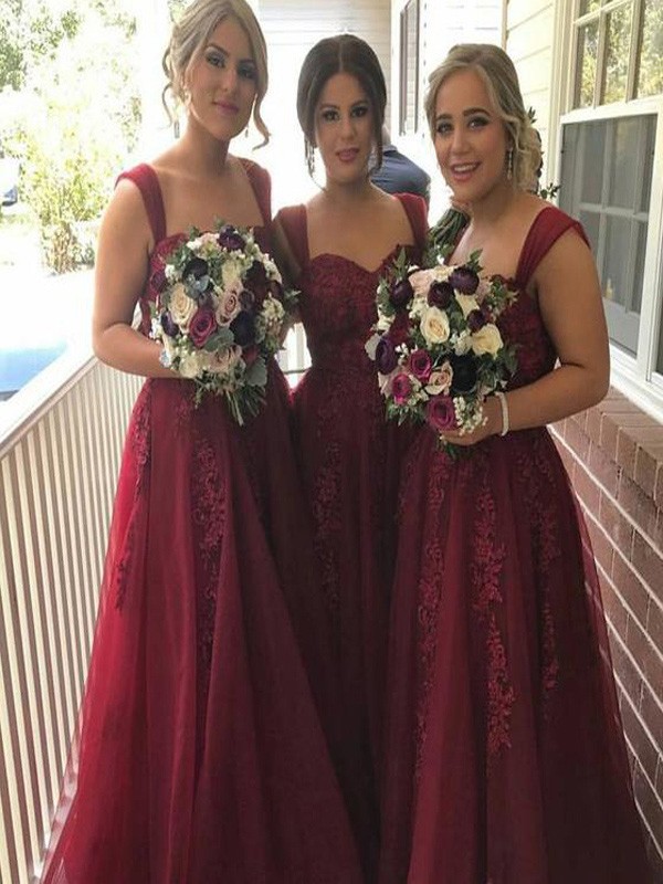 A-Line/Princess Sleeveless Straps Applique Floor-Length Tulle Bridesmaid Dresses 2516