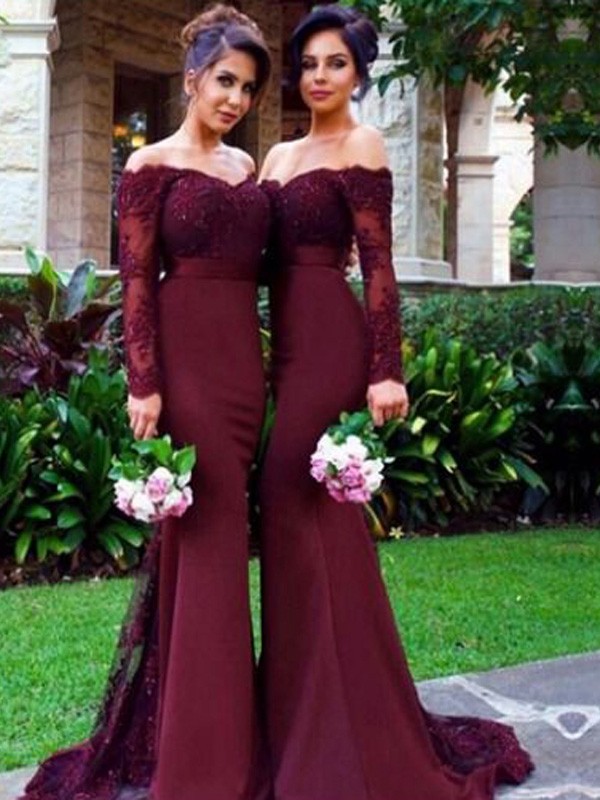 Trumpet/Mermaid Off-the-Shoulder Long Sleeves Stretch Crepe Sweep/Brush Train Bridesmaid Dresses 3255