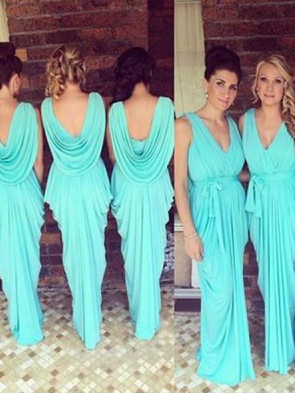 Sheath/Column V-neck Sleeveless Chiffon Ruched Floor-Length Bridesmaid Dresses 3232