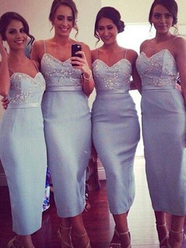 Sheath/Column Spaghetti Straps Sleeveless Satin Knee-Length Bridesmaid Dresses 3112