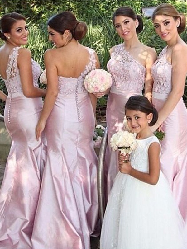 Trumpet/Mermaid One-Shoulder Sleeveless Elastic Woven Satin Floor-Length Bridesmaid Dresses 3259