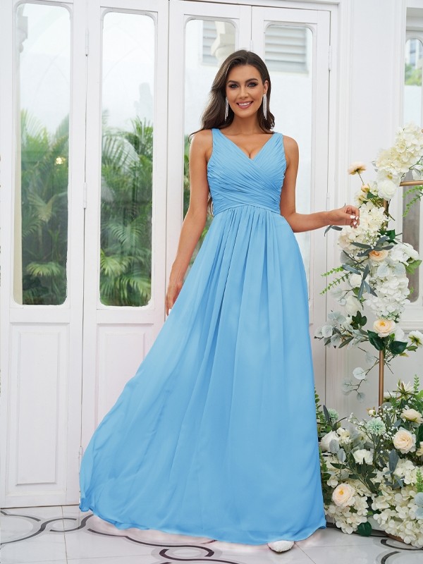 A-Line/Princess Chiffon Ruffles V-neck Sleeveless Floor-Length Bridesmaid Dresses 2236