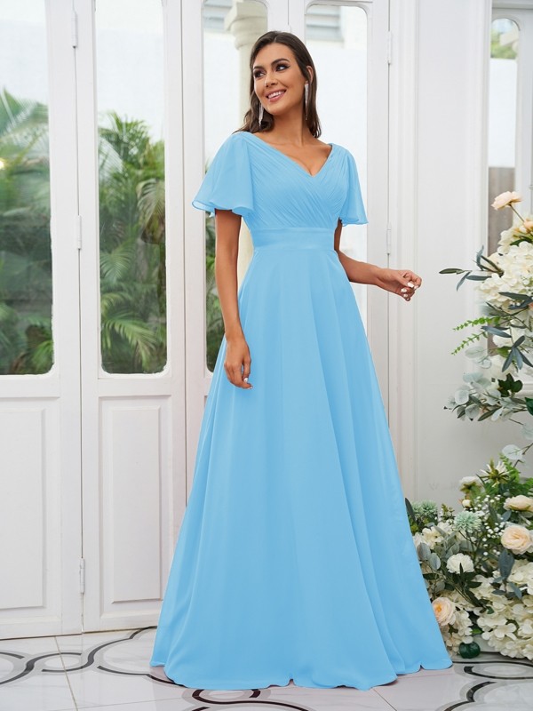 A-Line/Princess Chiffon Ruched V-neck Short Sleeves Sweep/Brush Train Bridesmaid Dresses 2174