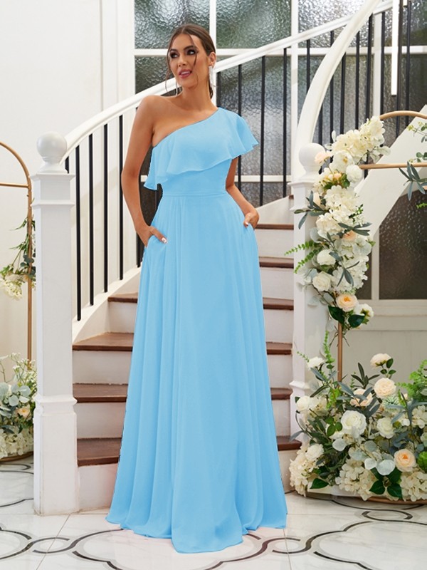 A-Line/Princess Chiffon Ruffles One-Shoulder Sleeveless Floor-Length Bridesmaid Dresses 2205