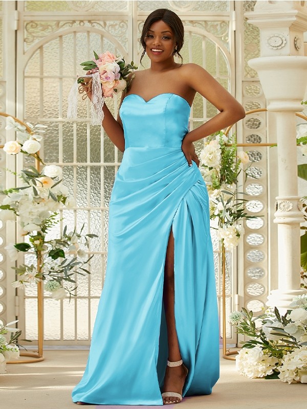 Sheath/Column Silk like Satin Ruched Sweetheart Sleeveless Sweep/Brush Train Bridesmaid Dresses 3079