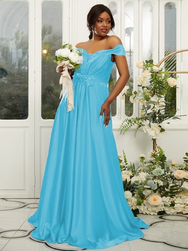 A-Line/Princess Silk like Satin Ruffles Off-the-Shoulder Sleeveless Sweep/Brush Train Bridesmaid Dresses 2482