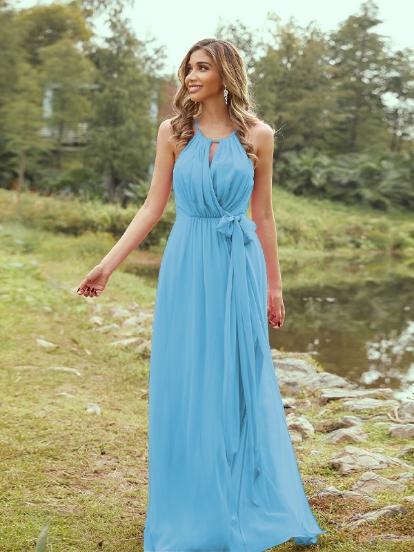 A-Line/Princess Chiffon Ruffles Halter Sleeveless Sweep/Brush Train Bridesmaid Dresses 2196