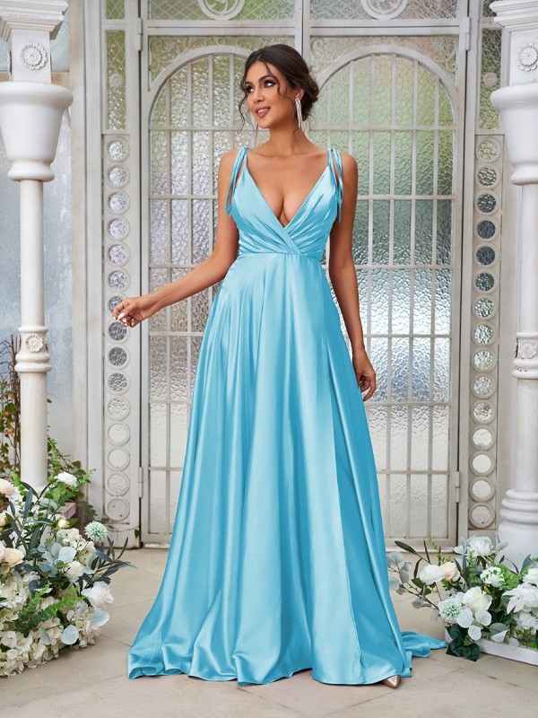 A-Line/Princess Silk like Satin Ruffles V-neck Sleeveless Sweep/Brush Train Bridesmaid Dresses 2494