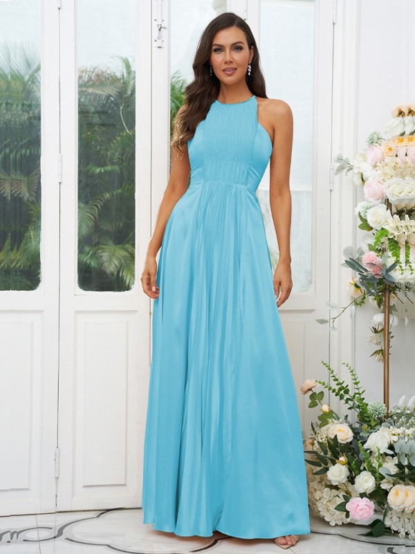 A-Line/Princess Silk like Satin Ruffles Halter Sleeveless Floor-Length Bridesmaid Dresses 2480