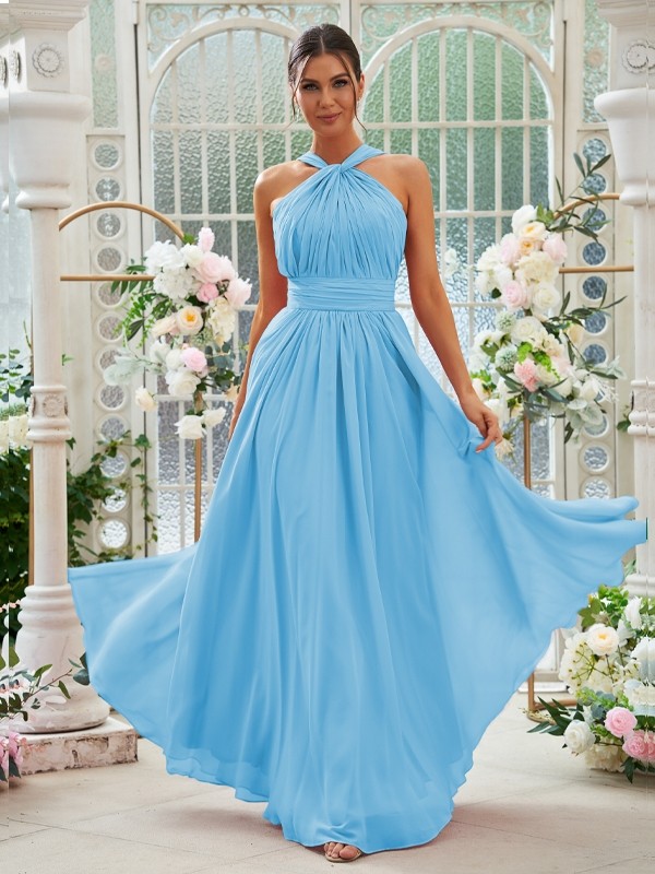 A-Line/Princess Chiffon Ruched Halter Sleeveless Floor-Length Bridesmaid Dresses 2154