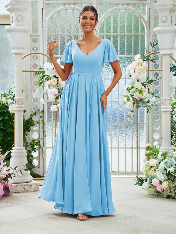 A-Line/Princess Chiffon Ruffles V-neck Short Sleeves Floor-Length Bridesmaid Dresses 2226