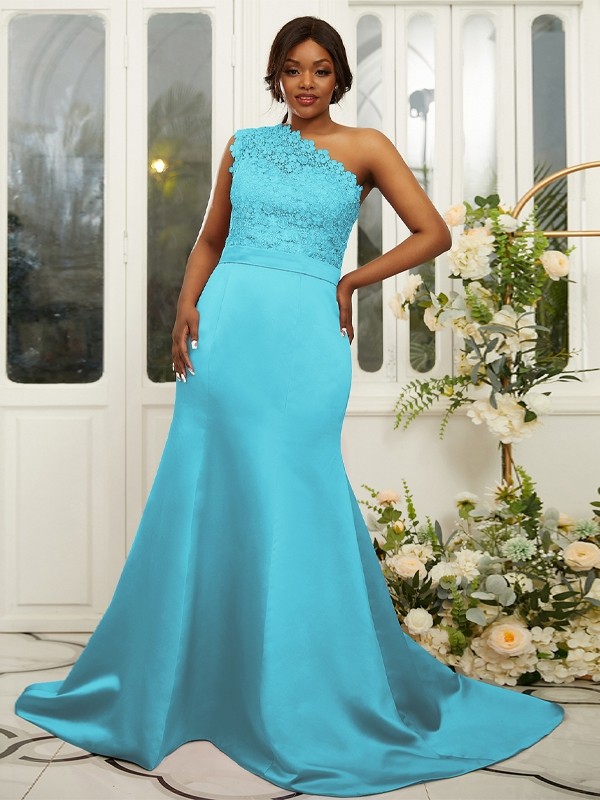 Sheath/Column Satin Lace One-Shoulder Sleeveless Sweep/Brush Train Bridesmaid Dresses 3017