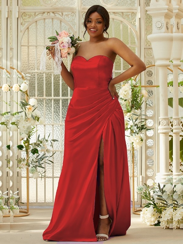 Sheath/Column Silk like Satin Ruched Sweetheart Sleeveless Sweep/Brush Train Bridesmaid Dresses 3079