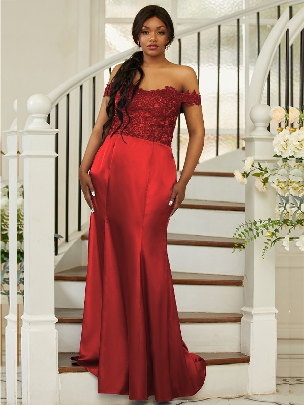 Sheath/Column Silk like Satin Applique Off-the-Shoulder Sleeveless Sweep/Brush Train Bridesmaid Dresses 3051