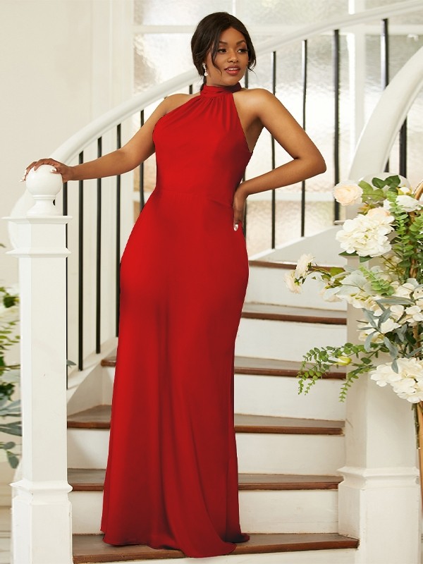 Sheath/Column Silk like Satin Ruched Halter Sleeveless Floor-Length Bridesmaid Dresses 3053