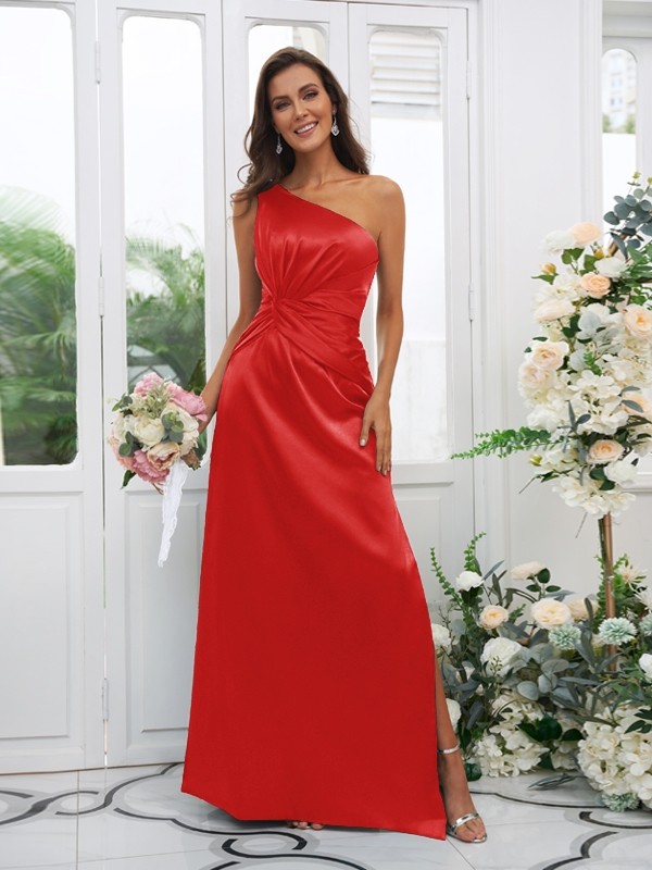 Sheath/Column Elastic Woven Satin Ruched One-Shoulder Sleeveless Floor-Length Bridesmaid Dresses 2922