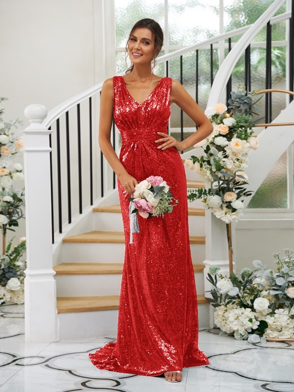 Sheath/Column Sequins Ruched V-neck Sleeveless Sweep/Brush Train Bridesmaid Dresses 3048