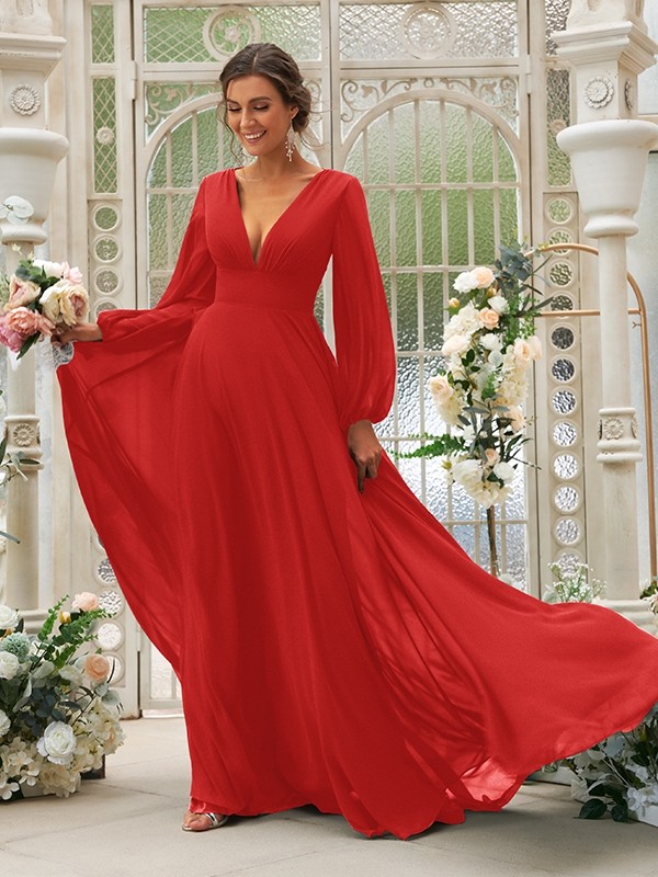 A-Line/Princess Chiffon Ruffles V-neck Long Sleeves Sweep/Brush Train Bridesmaid Dresses 2219