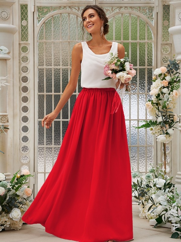 A-Line/Princess Chiffon Ruffles Scoop Sleeveless Floor-Length Two Piece Bridesmaid Dresses 2210