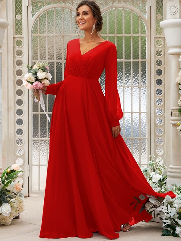 A-Line/Princess Chiffon Ruched V-neck Long Sleeves Floor-Length Bridesmaid Dresses 2169